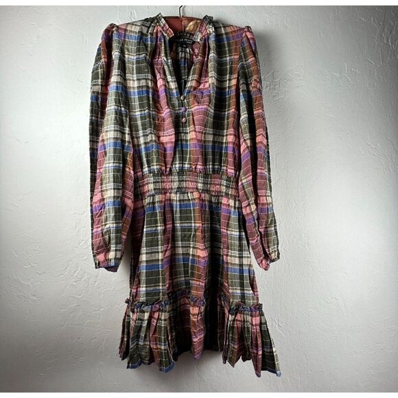 Veronica Beard Plaid Ruffle Destiny Dress Smocked Size 2 Olive Pink New $378